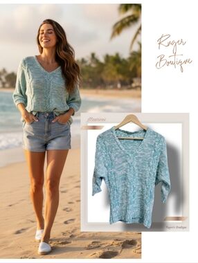 🌿Maurices Women's Small Glimmer Turquoise & White mix V-Neck Cabel Sweater